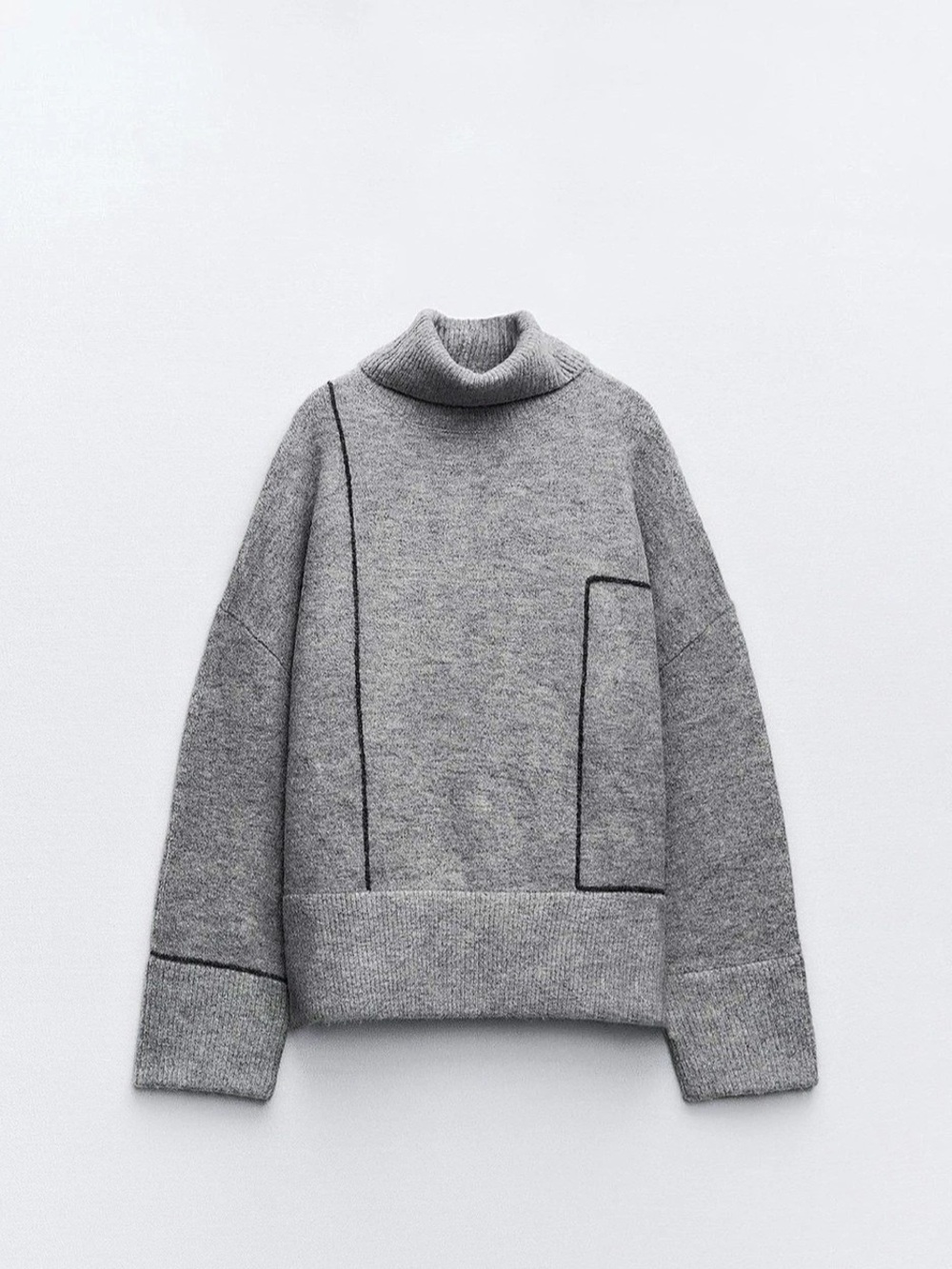 Zara Contrast Piping Knit Sweater Gray Turtleneck